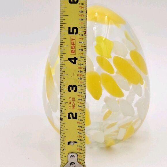 6" Hand Blown Art Glass Hollow Egg Yellow Spotted Pattern Decor Paper Weight - Picture 6 of 8